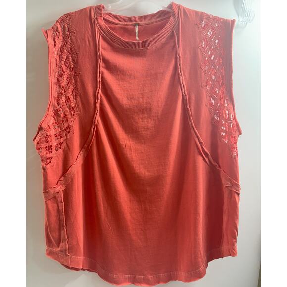 Free People NWOT Table For Two Tee Sleeveless Relaxed Lace Details Coral Large - Picture 3 of 6